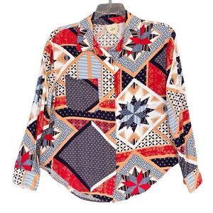 Boho Sterling & Stitch Work Patch Western Print Button Up Shirt Women Sz Small